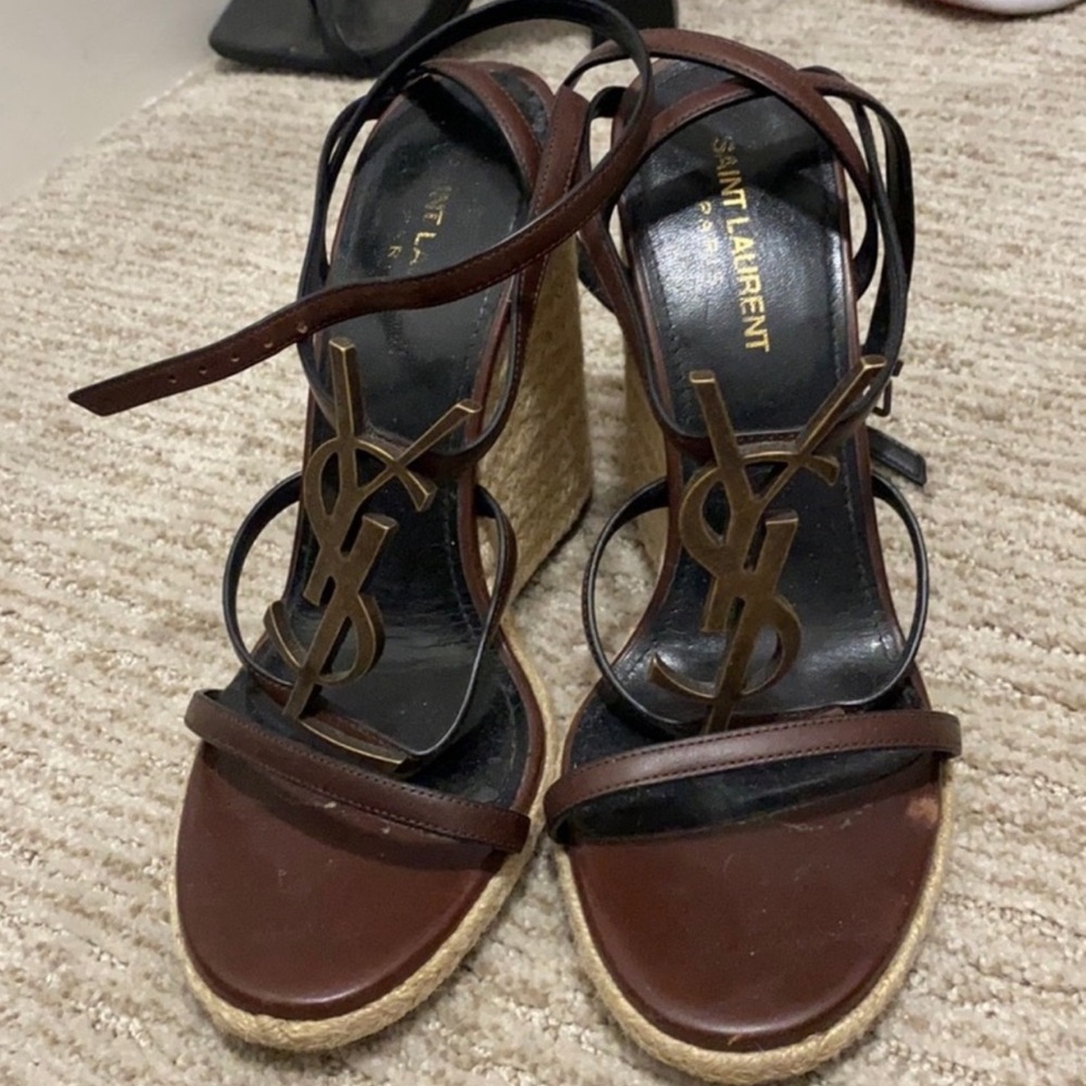Saint Laurent Brown Leather Wedge Sandals